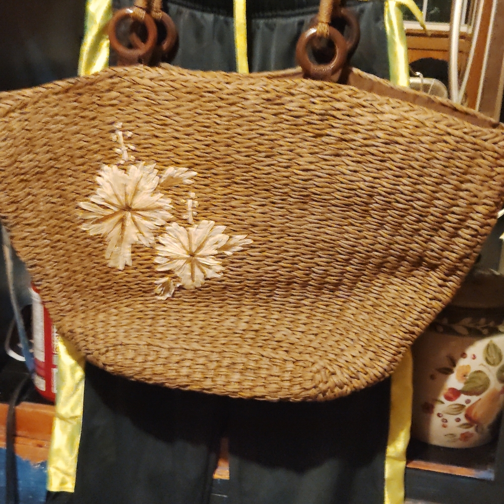 Brown Woven Tote Bag with Floral Design
